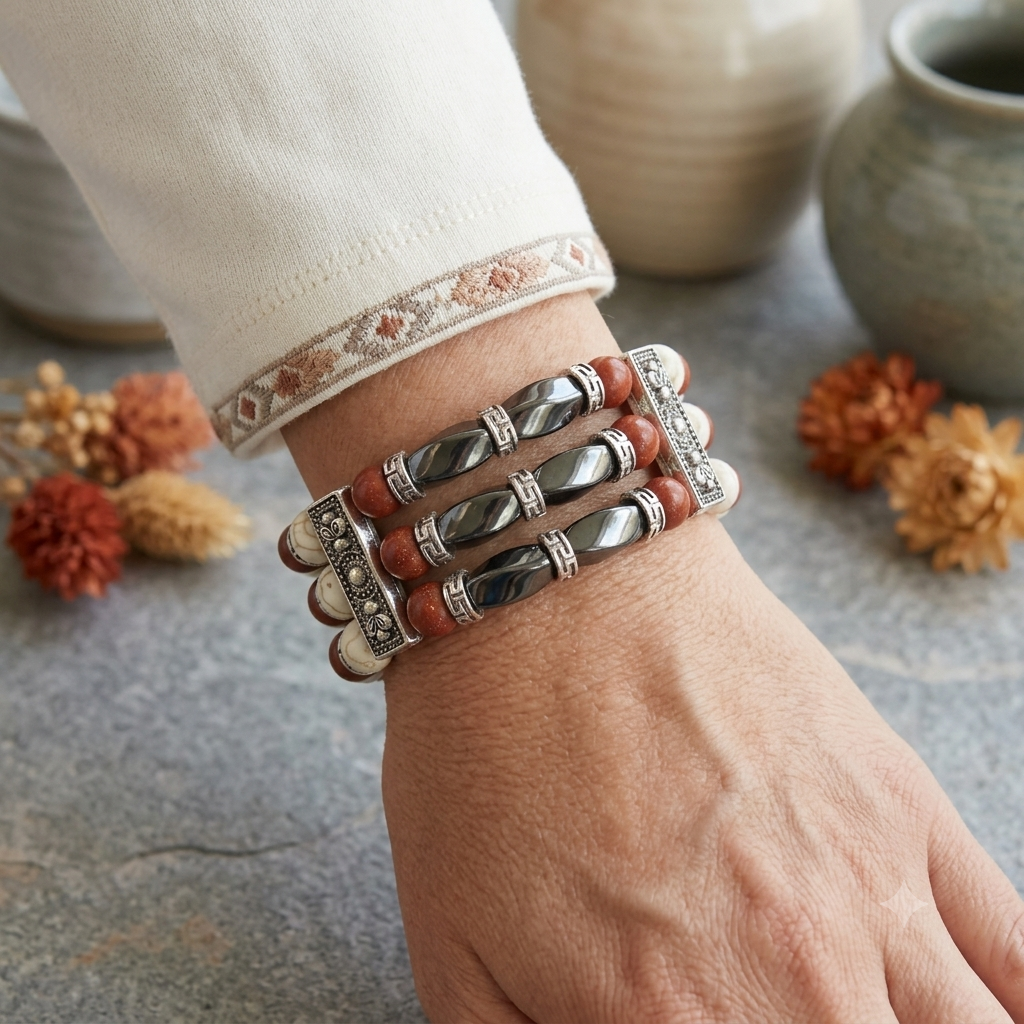 Cuff Bracelets for Men Women, Red Jasper and Hematite
