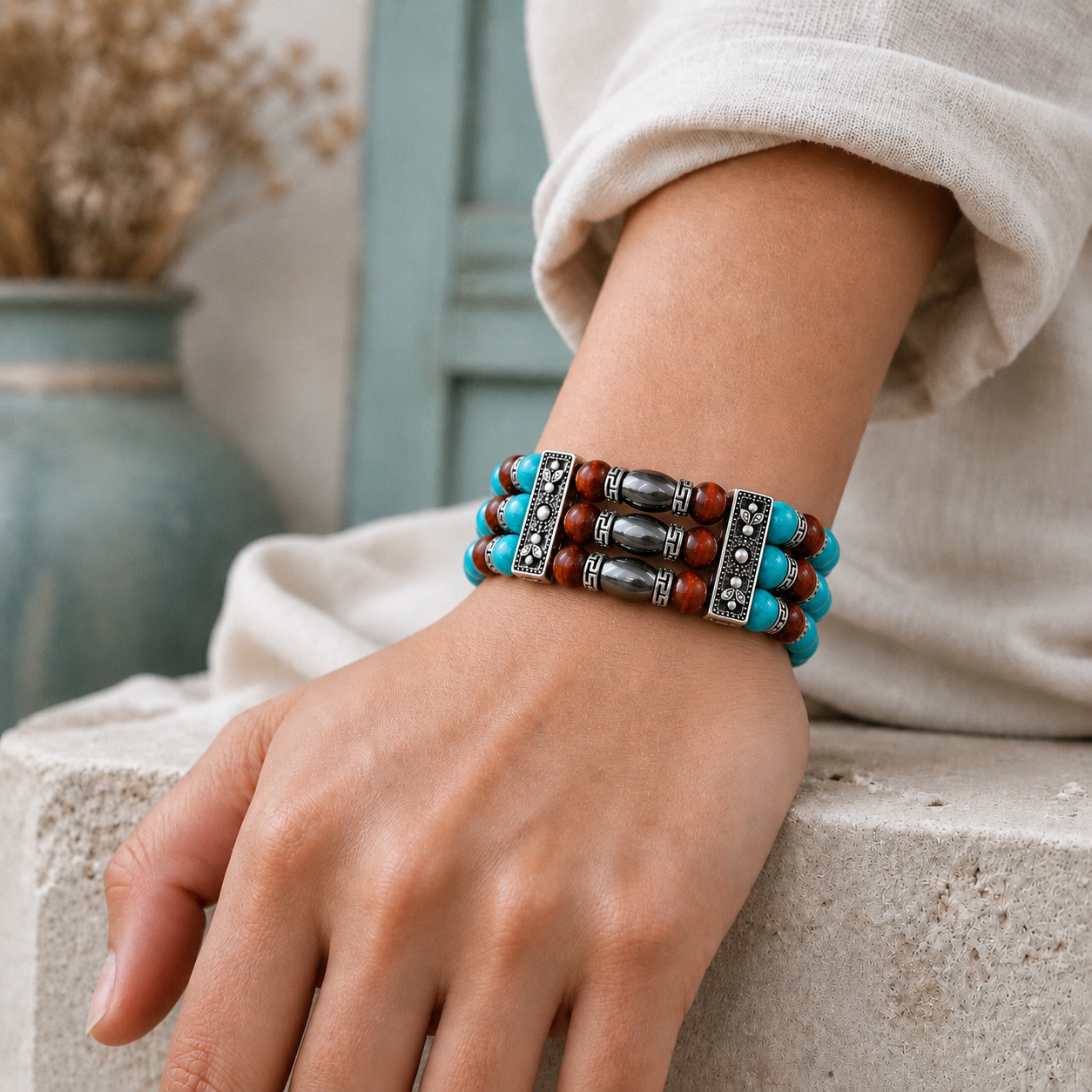 Red Tigers Eye Cuff Bracelet for Men Women | Hematite