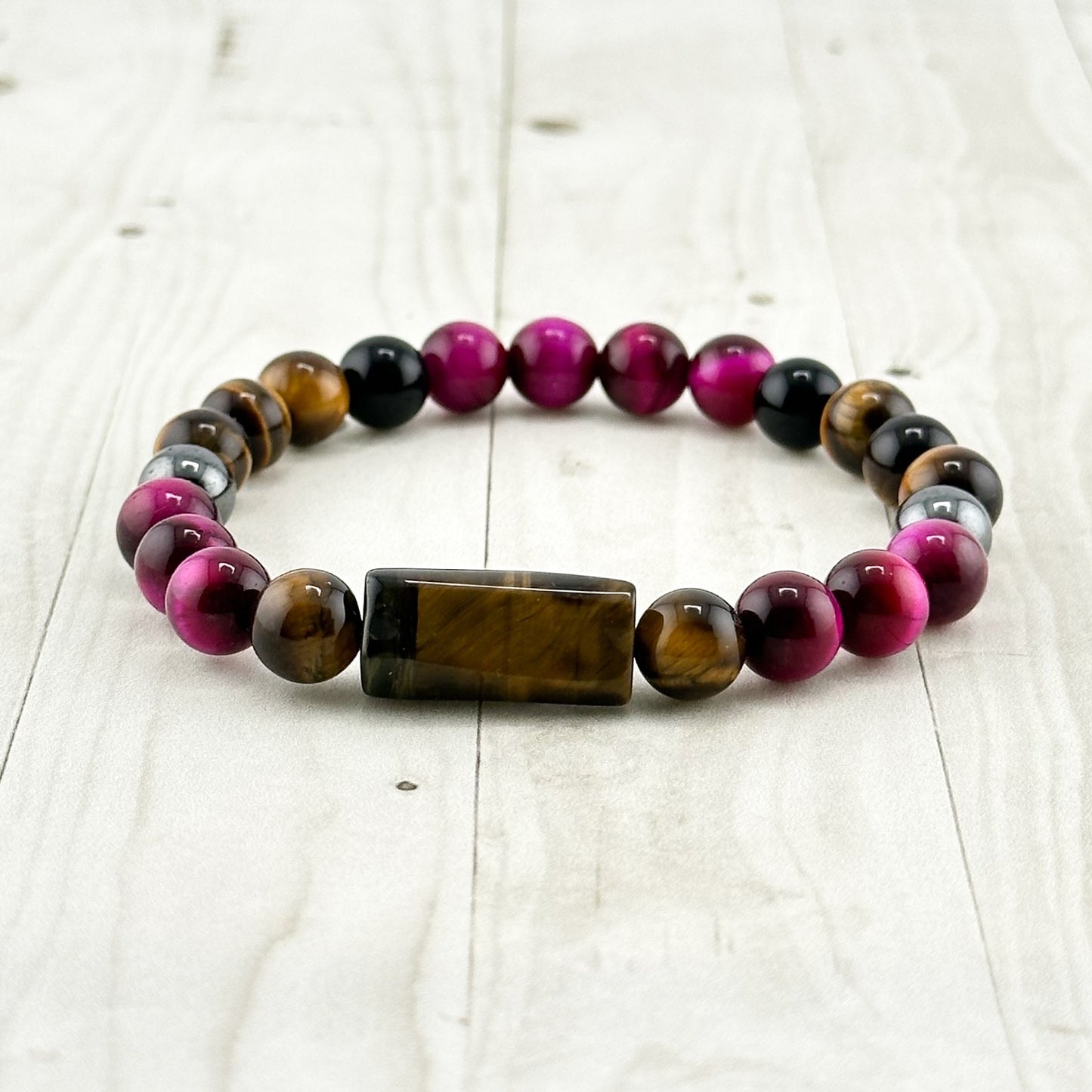 Protection Bracelet | Healing Stretch Bracelet | 10mm Tigers Eye Black Onyx Hematite Beaded Bracelet
