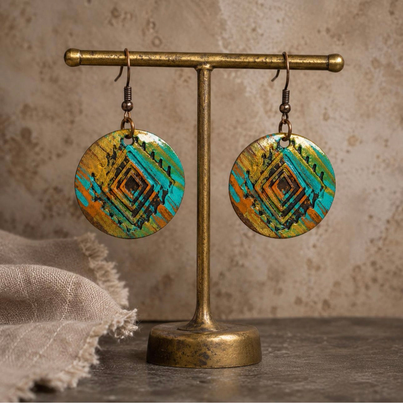 Hand Painted Retro Earrings, Patina Dangle Earrings