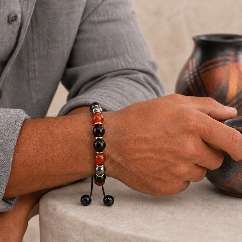 Triple Protection Bracelet, Carnelian Hematite Onyx