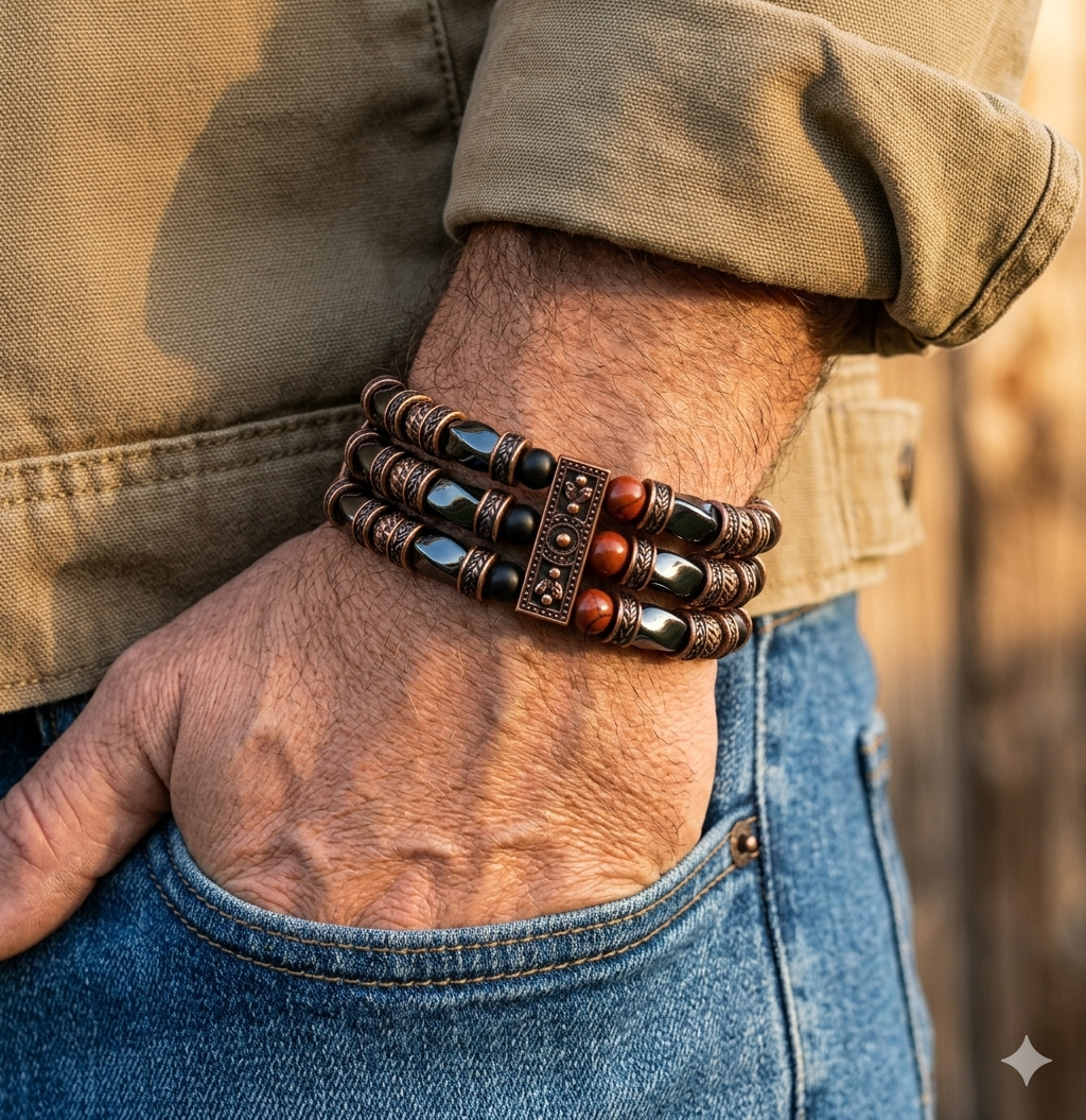Red Jasper, Black Onyx and Hematite | Beaded Cuff Bracelets for Men Women