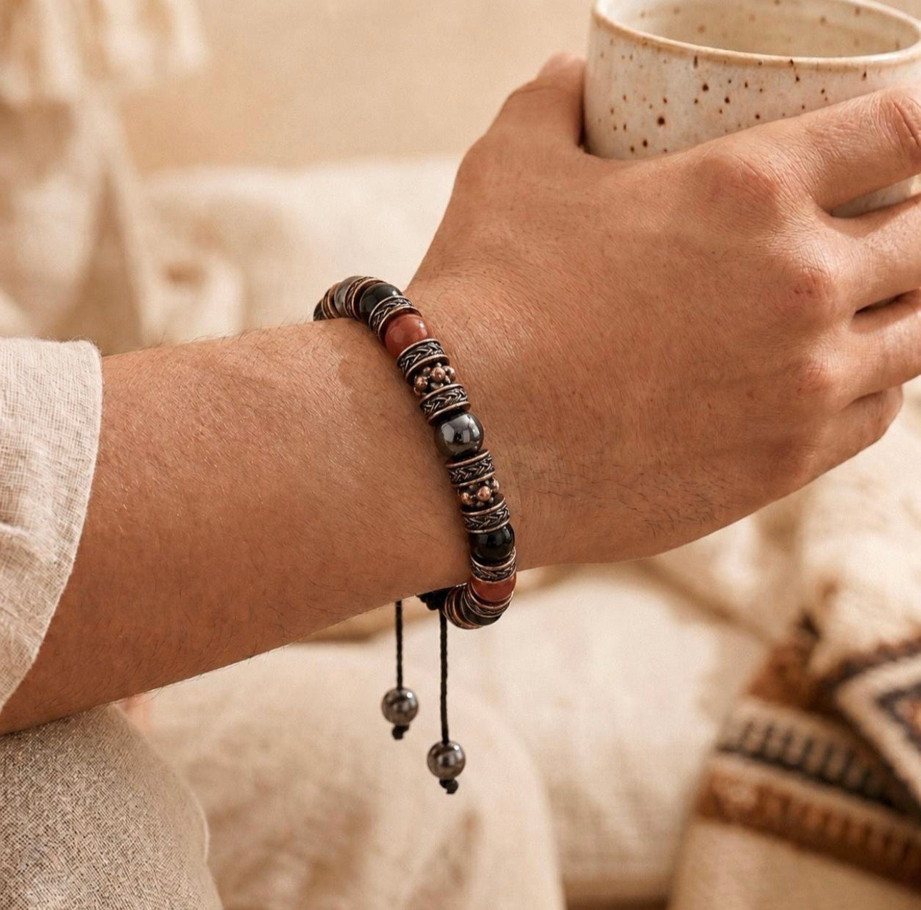 Adjustable Red Jasper Hematite Black Onyx Braided Bracelet