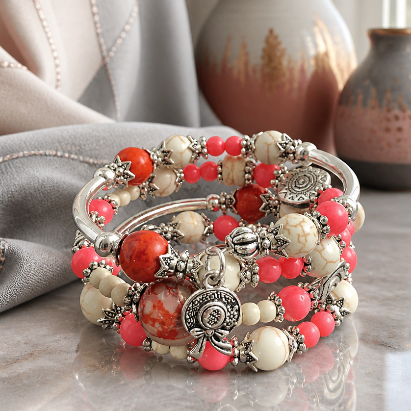 Gemstone Bracelet, Pink Coral Bracelet, Memory Wire Bracelet, Anniversary Gift
