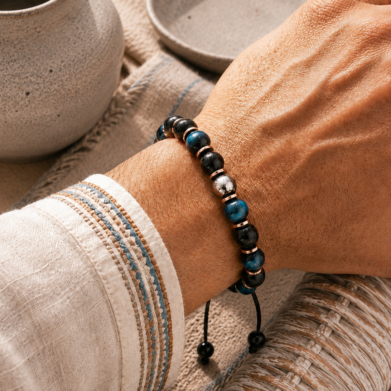 Triple Protection Bracelet, Blue Tigers Eye Hematite Onyx