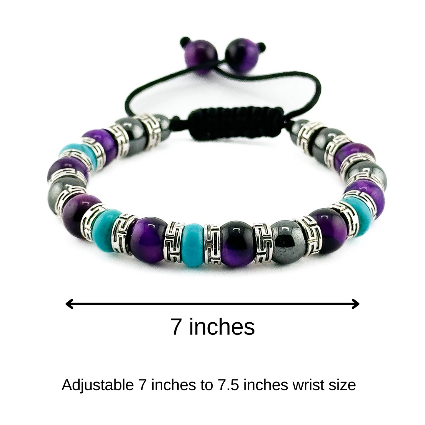 Purple Tiger Eye, Turquoise, Hematite Bracelet | Adjustable Braided Macrame Bracelet