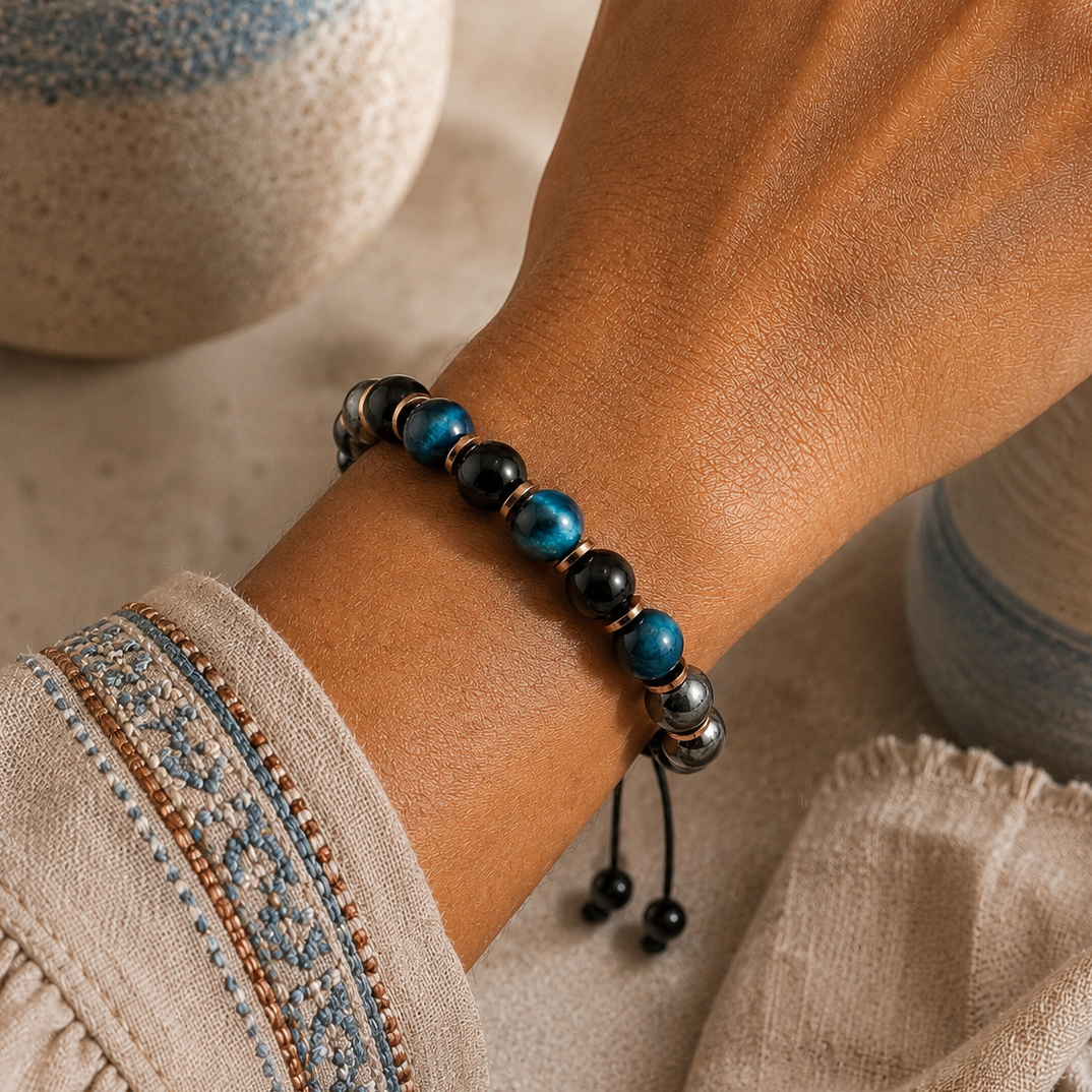 Triple Protection Bracelet, Blue Tigers Eye Hematite Onyx