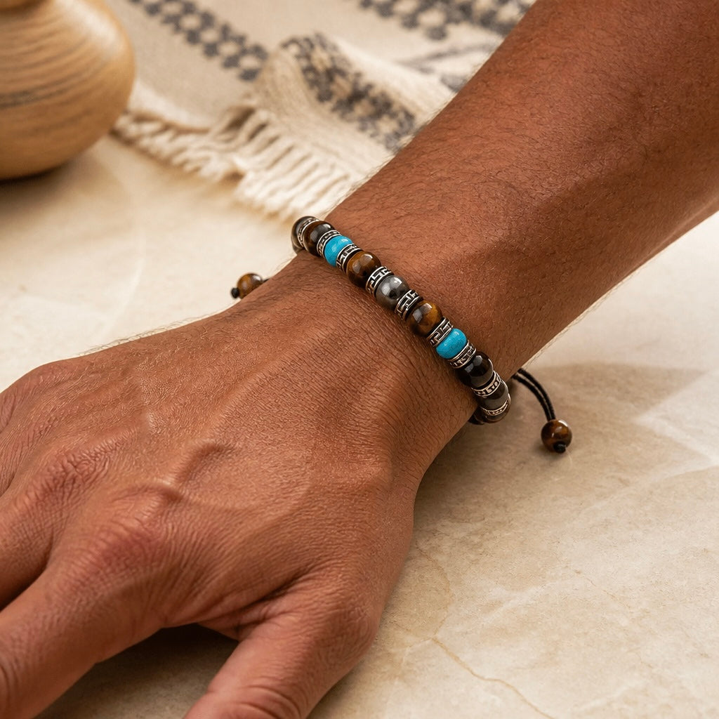 Tiger Eye, Turquoise, Hematite Bracelet | Adjustable Braided Macrame Bracelet