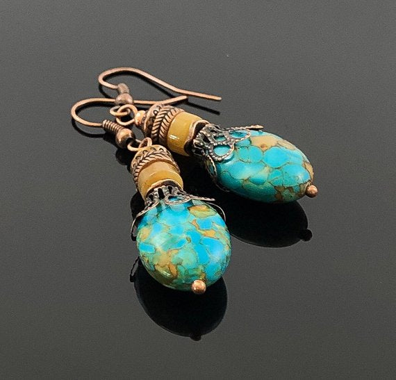 Hippie Earrings, Bohemian Earrings, Turquoise Dangle Earrings, Gifts for Mom