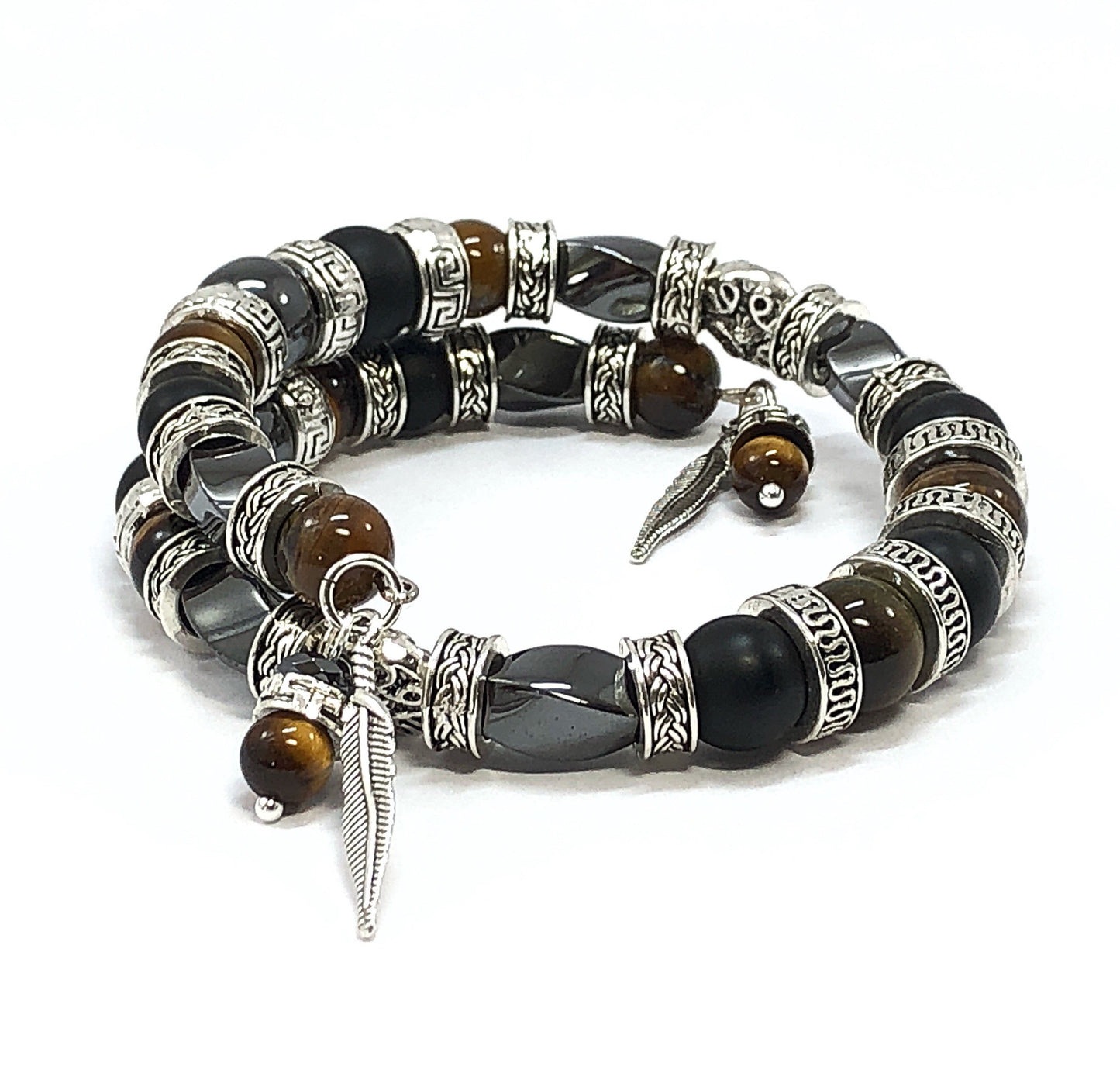 Men's Bangle Bracelet, Feather Bracelet, Tiger's Eye Bracelet, Men's Beaded Bracelet
