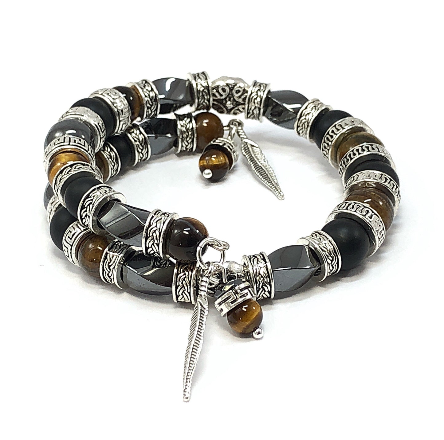 Men's Bangle Bracelet, Feather Bracelet, Tiger's Eye Bracelet, Men's Beaded Bracelet
