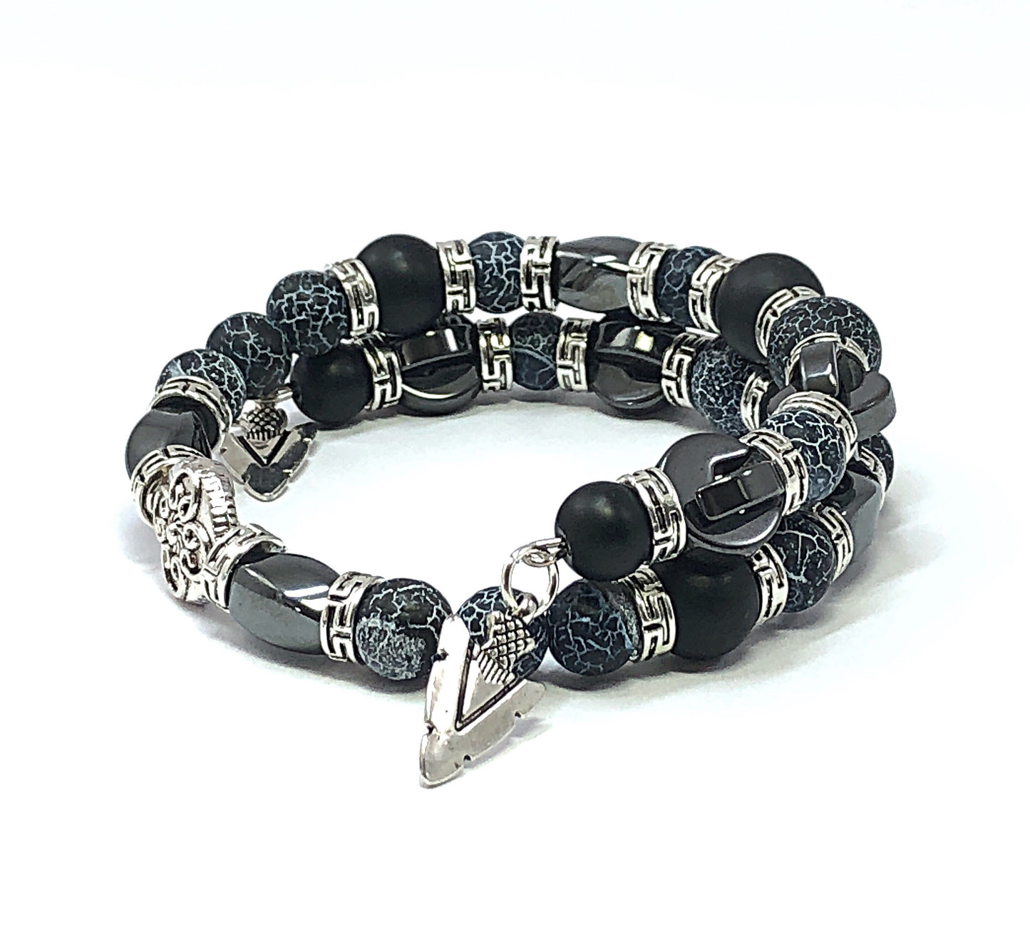 Men's Beaded Bracelet, Memory Wire Bracelet, Black Onyx Bracelet, Fire Crackle Agate