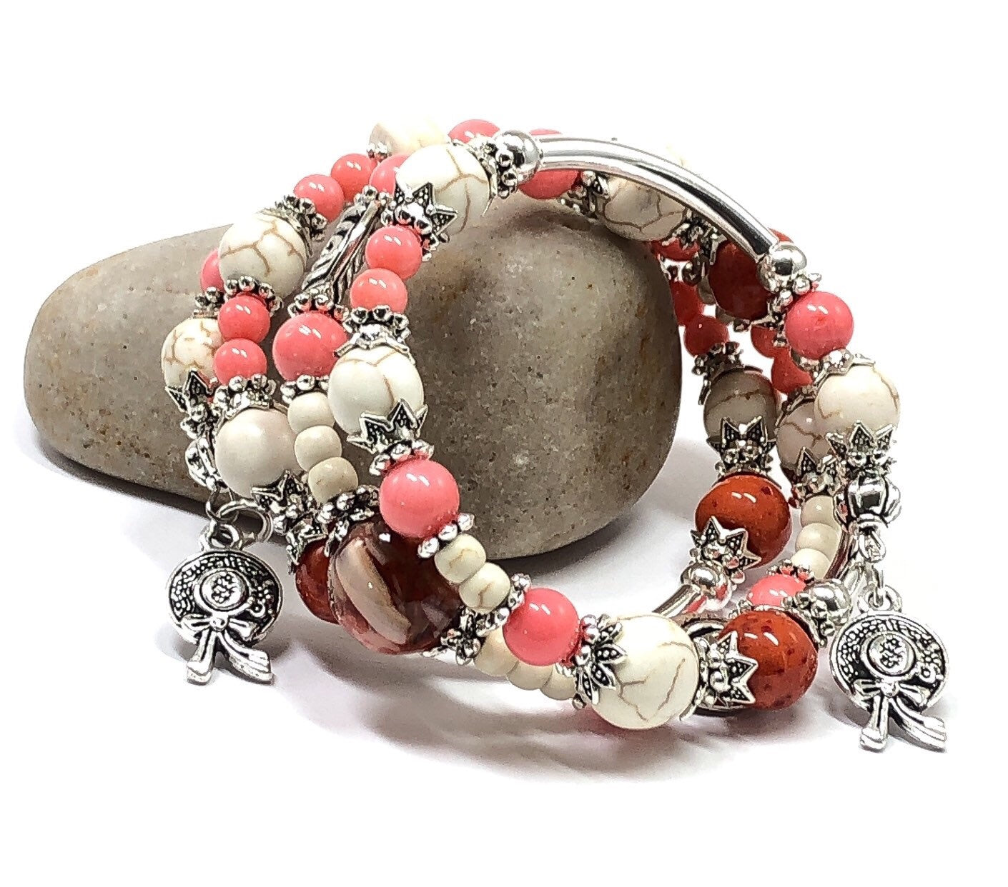 Gemstone Bracelet, Pink Coral Bracelet, Memory Wire Bracelet, Anniversary Gift