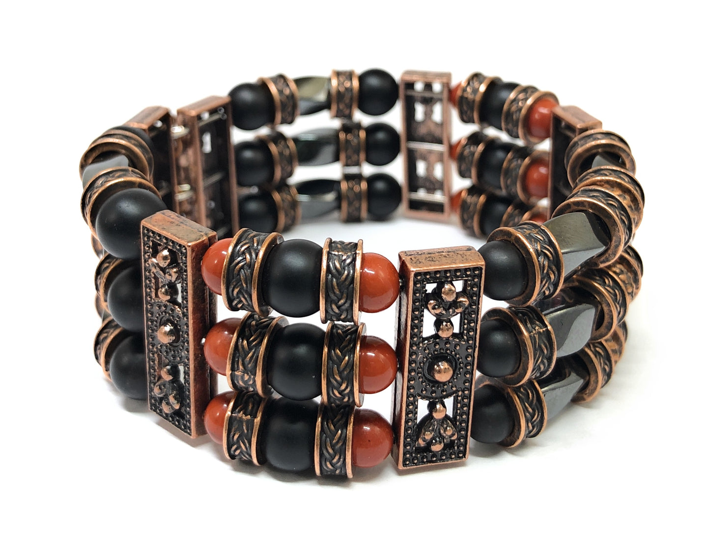 Red Jasper, Black Onyx and Hematite | Beaded Cuff Bracelets for Men Women