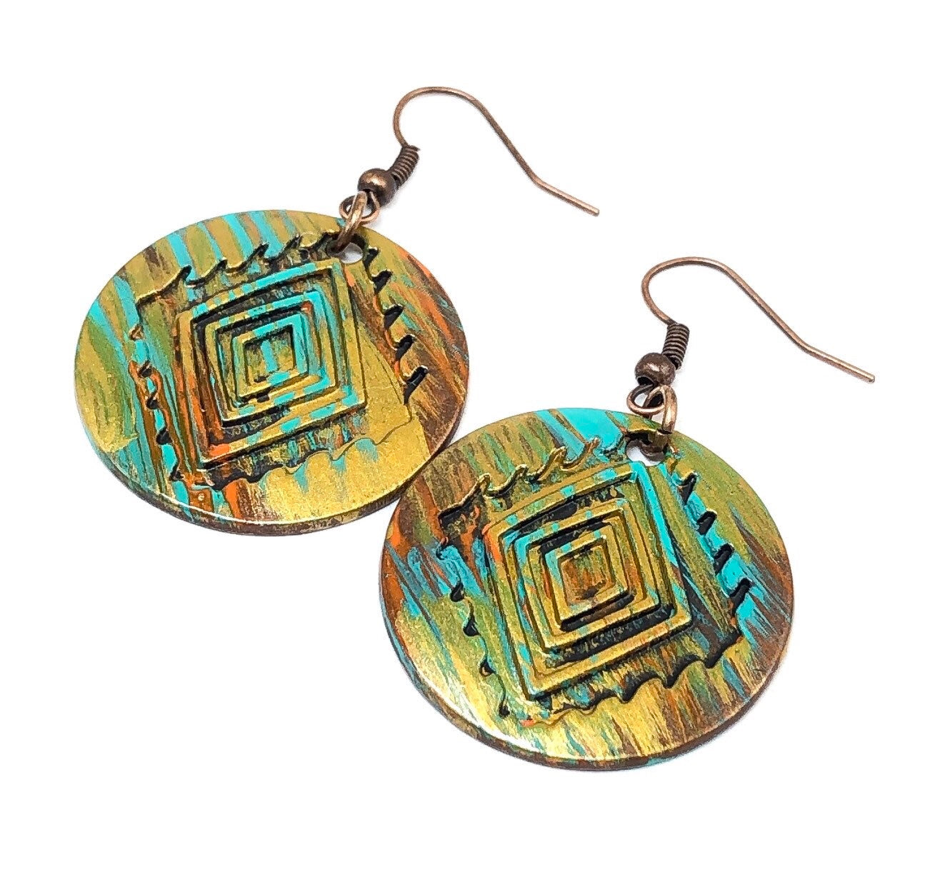 Hand Painted Retro Earrings, Patina Dangle Earrings