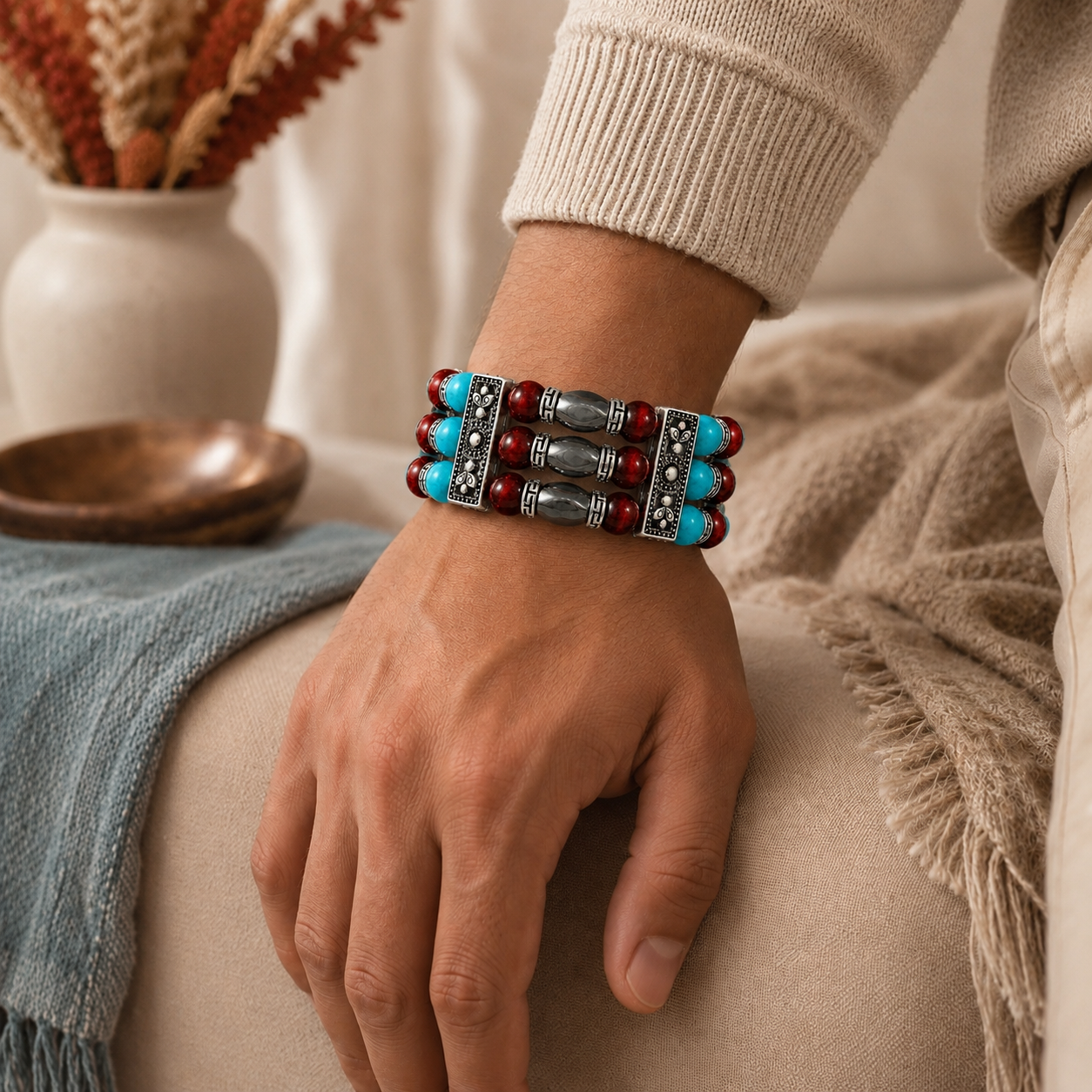 Red Tigers Eye Cuff Bracelet for Men Women | Hematite