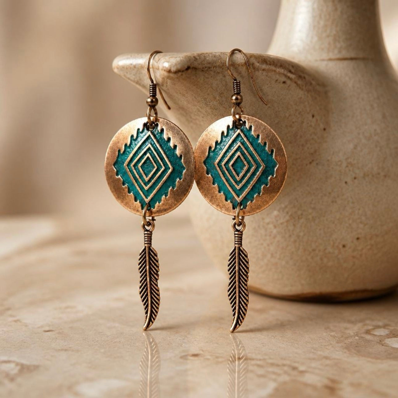 Copper Turquoise Feather Dangle Earrings, Boho Aztec Statement Earrings