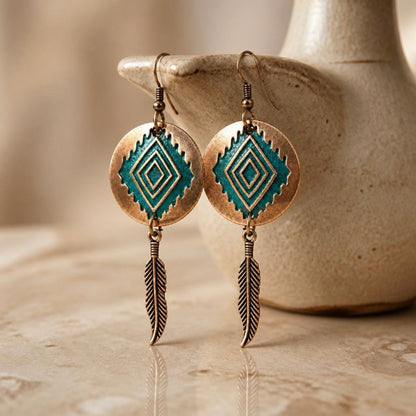 Copper Turquoise Feather Dangle Earrings, Boho Aztec Statement Earrings