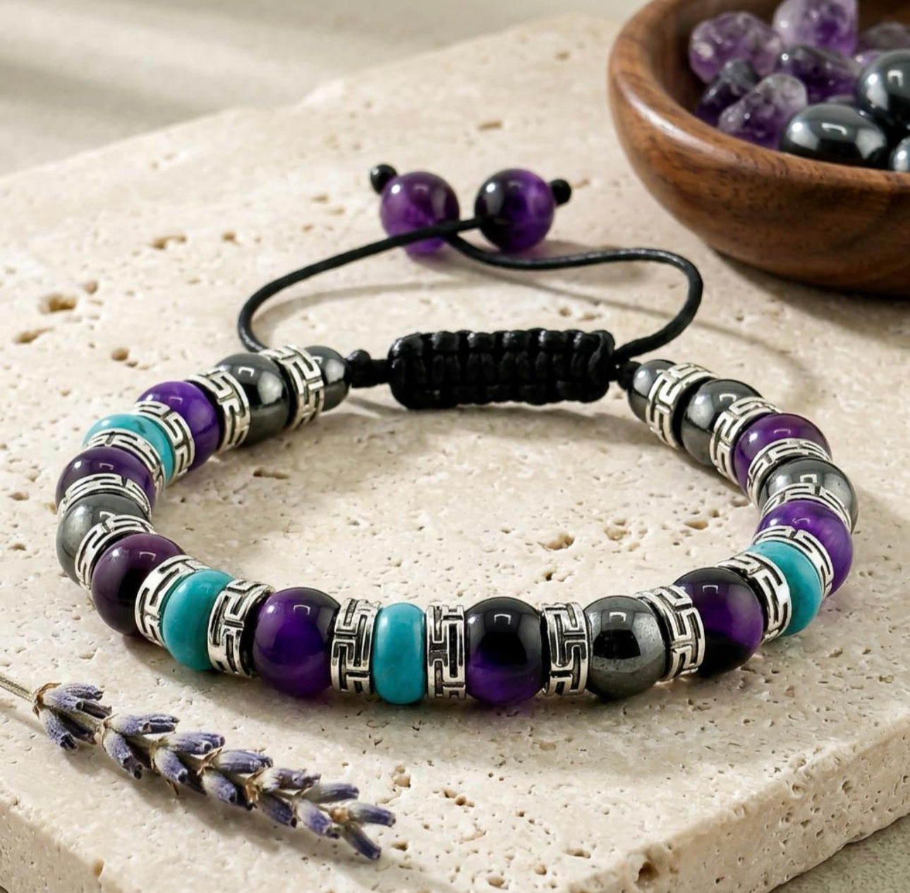 Purple Tiger Eye, Turquoise, Hematite Bracelet | Adjustable Braided Macrame Bracelet