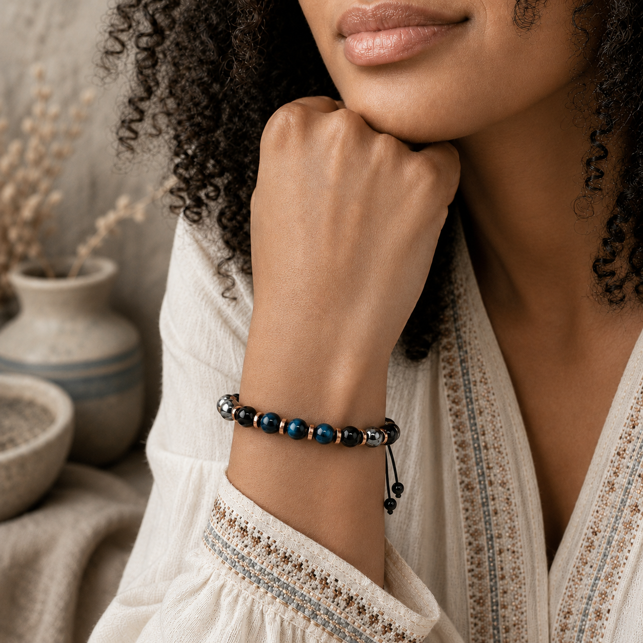Triple Protection Bracelet, Blue Tigers Eye Hematite Onyx