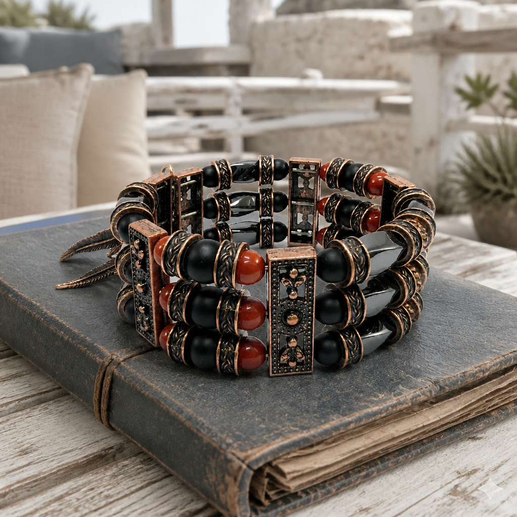 Red Jasper, Black Onyx and Hematite | Beaded Cuff Bracelets for Men Women