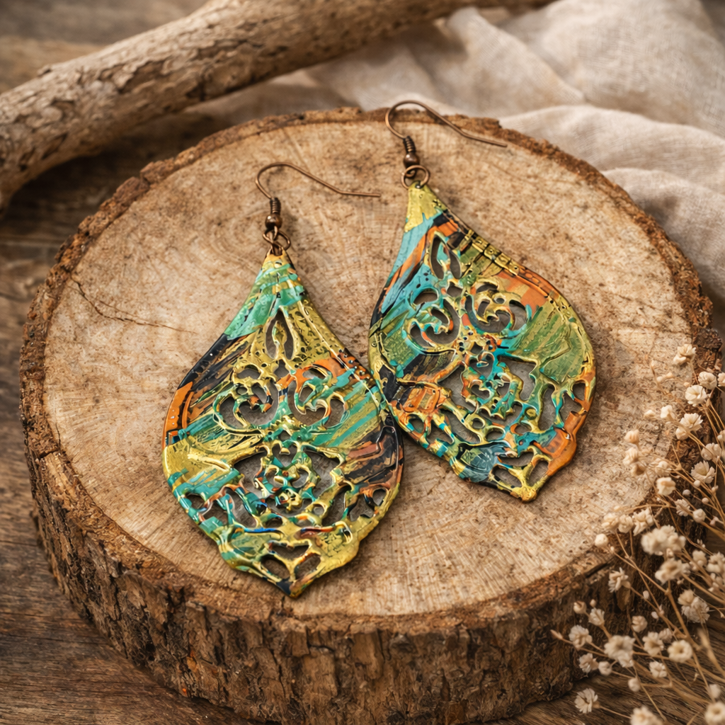 Hand Painted Filigree Dangle Earrings, Boho Artisan Drop Earrings, Multicolor Statement Earrings, Gift for Her