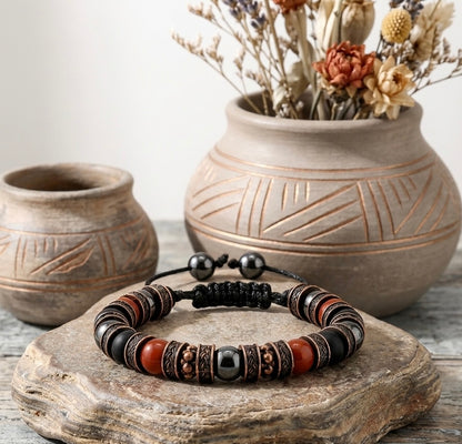 Adjustable Red Jasper Hematite Black Onyx Braided Bracelet