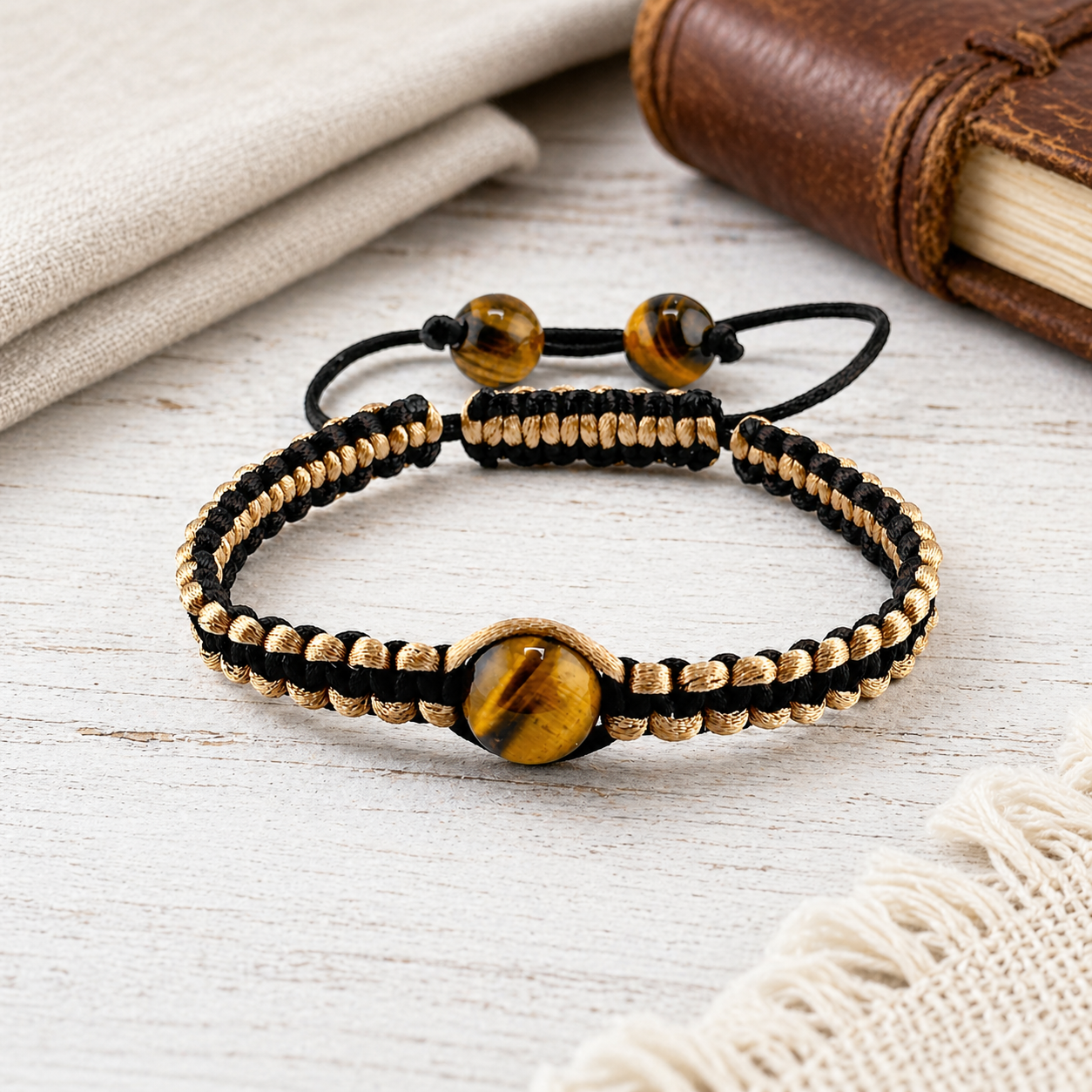 Tiger’s Eye Braided Bracelet, Adjustable Macrame Bracelet, Shamballa Style Bracelet