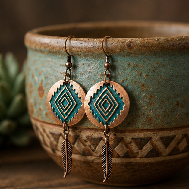 Copper Turquoise Feather Dangle Earrings, Boho Aztec Statement Earrings
