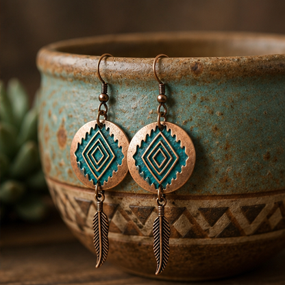 Copper Turquoise Feather Dangle Earrings, Boho Aztec Statement Earrings