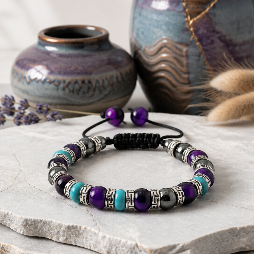 Purple Tiger Eye, Turquoise, Hematite Bracelet | Adjustable Braided Macrame Bracelet