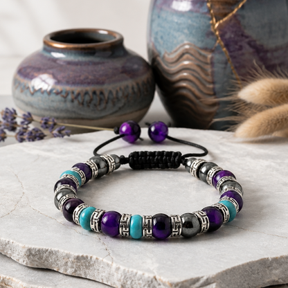 Purple Tiger Eye, Turquoise, Hematite Bracelet | Adjustable Braided Macrame Bracelet