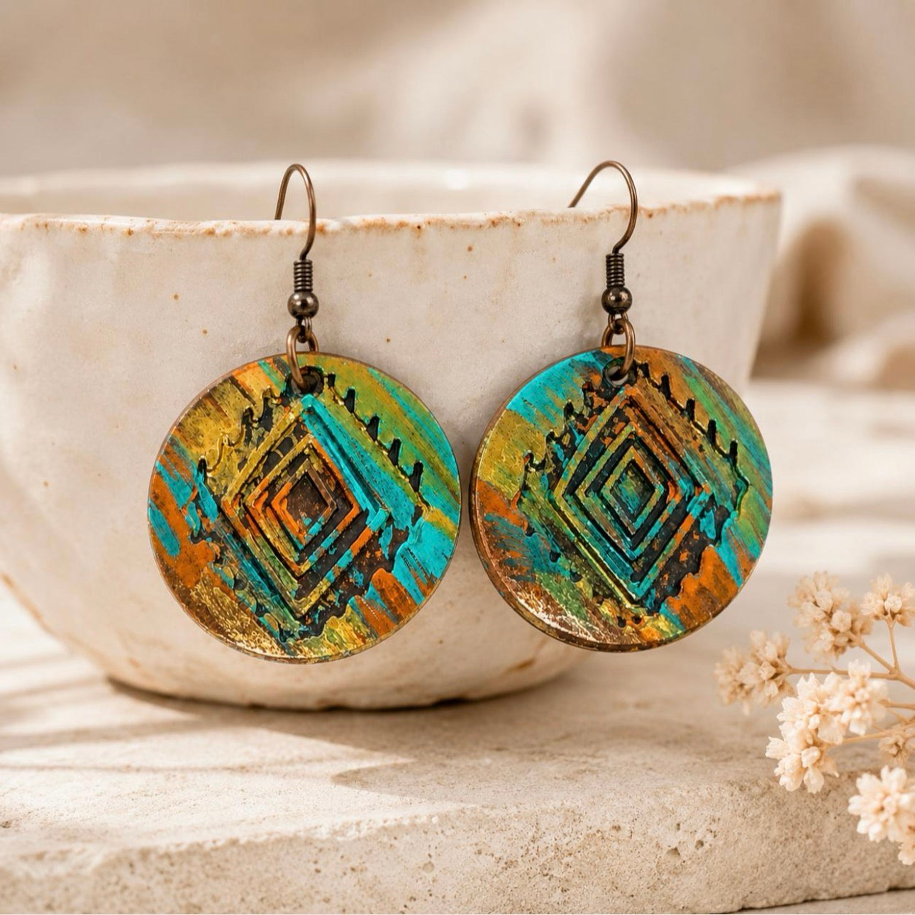 Hand Painted Retro Earrings, Patina Dangle Earrings