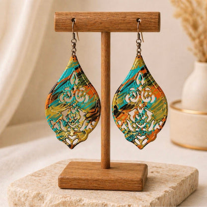 Hand Painted Filigree Dangle Earrings, Boho Artisan Drop Earrings, Multicolor Statement Earrings, Gift for Her