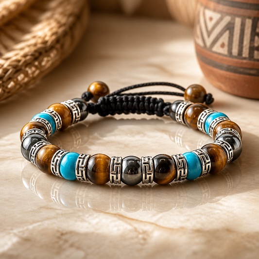 Tiger Eye, Turquoise, Hematite Bracelet | Adjustable Braided Macrame Bracelet