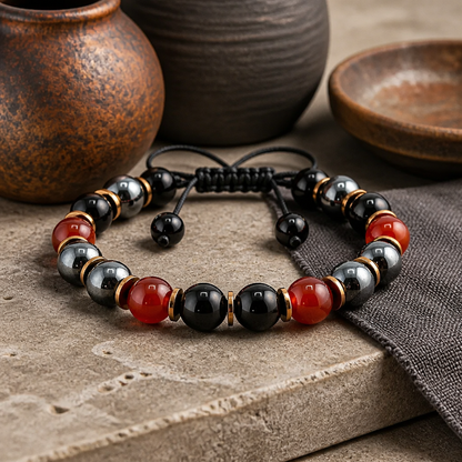 Triple Protection Bracelet, Carnelian Hematite Onyx
