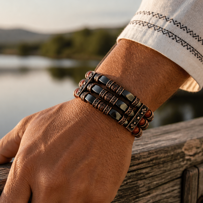 Red Jasper, Black Onyx and Hematite | Beaded Cuff Bracelets for Men Women
