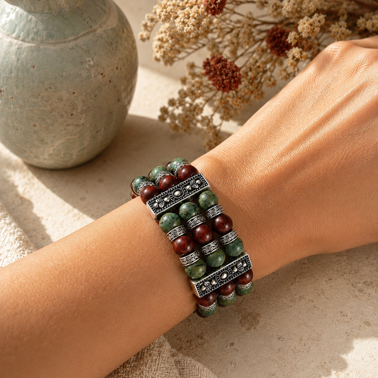 Natural African Turquoise and Tiger’s Eye Cuff Bracelet
