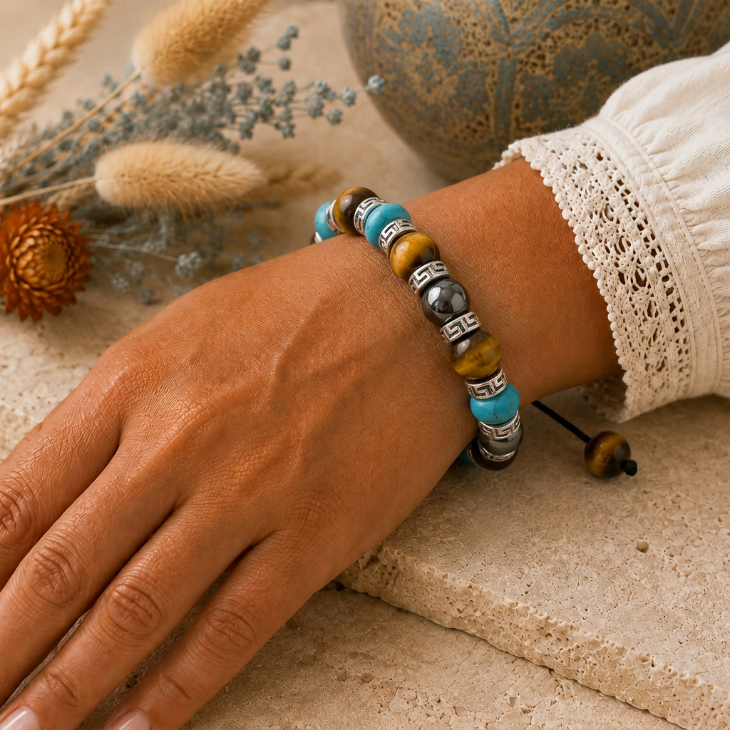 Tiger Eye, Turquoise, Hematite Bracelet | Adjustable Braided Macrame Bracelet