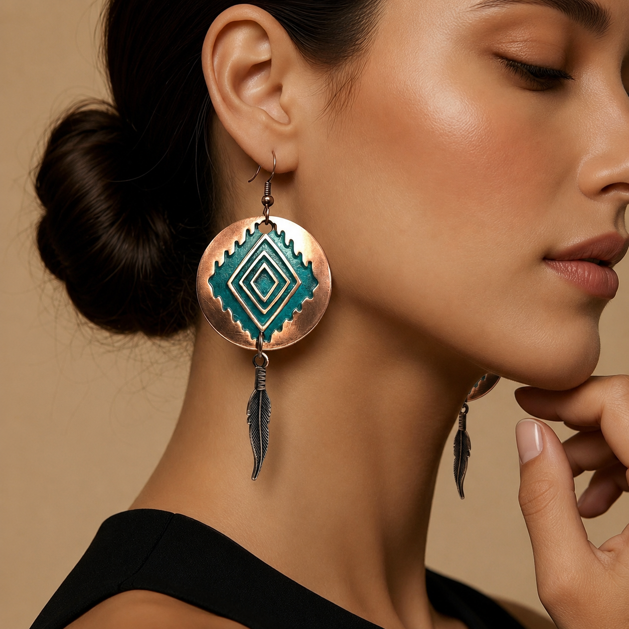 Copper Turquoise Feather Dangle Earrings, Boho Aztec Statement Earrings