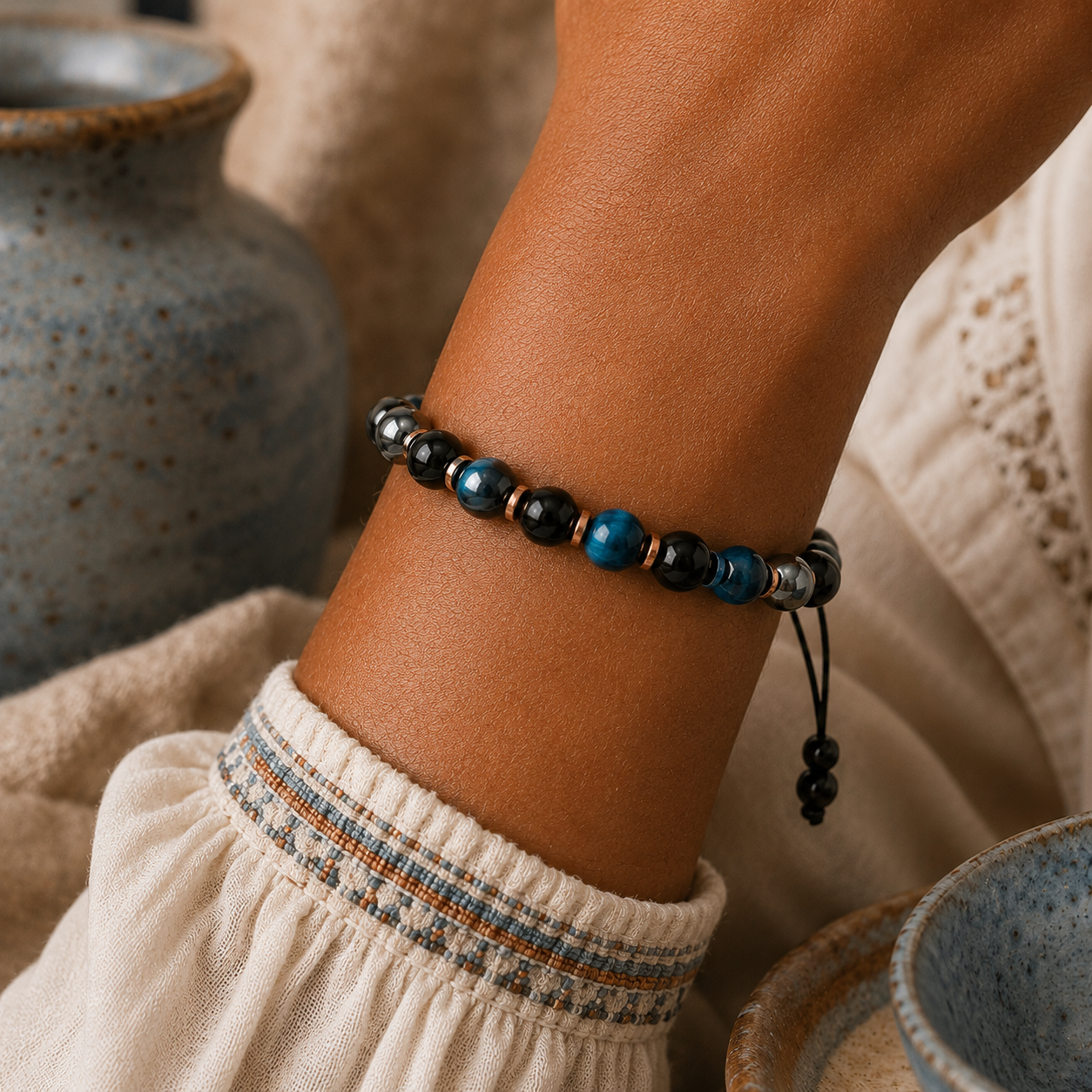 Triple Protection Bracelet, Blue Tigers Eye Hematite Onyx