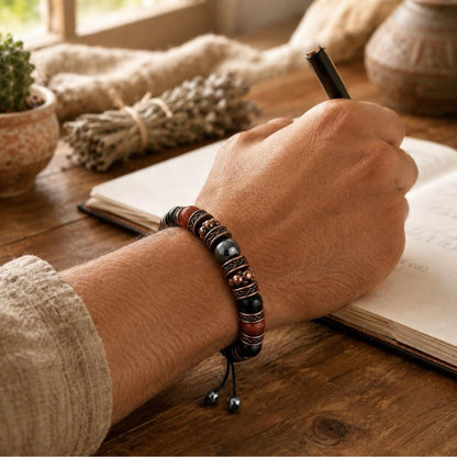 Adjustable Red Jasper Hematite Black Onyx Braided Bracelet