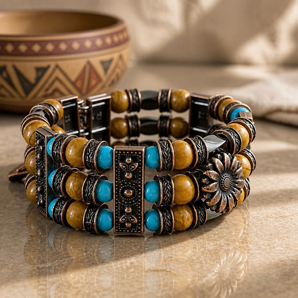 Picture Jasper, Hematite Bracelet | Beaded Cuff Bracelet for Men Women