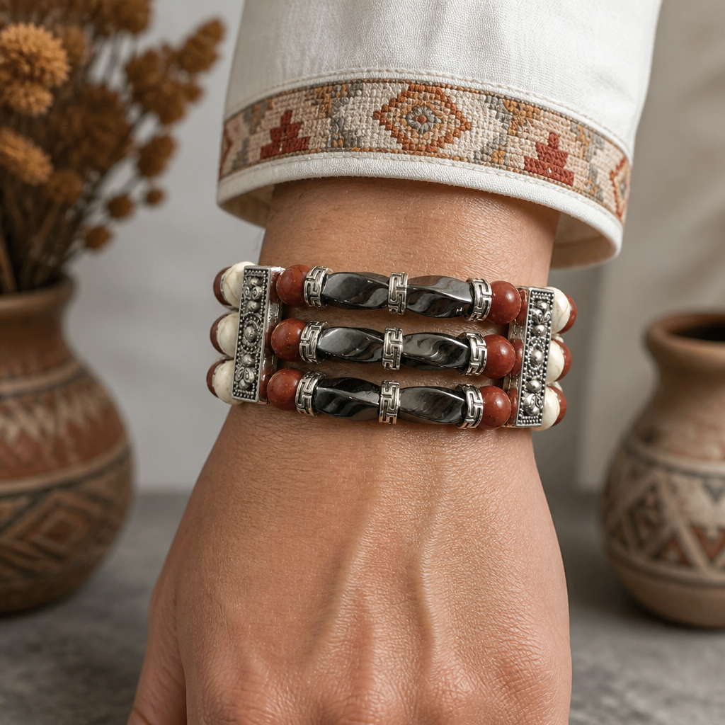 Cuff Bracelets for Men Women, Red Jasper and Hematite