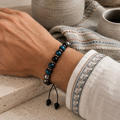 Triple Protection Bracelet, Blue Tigers Eye Hematite Onyx