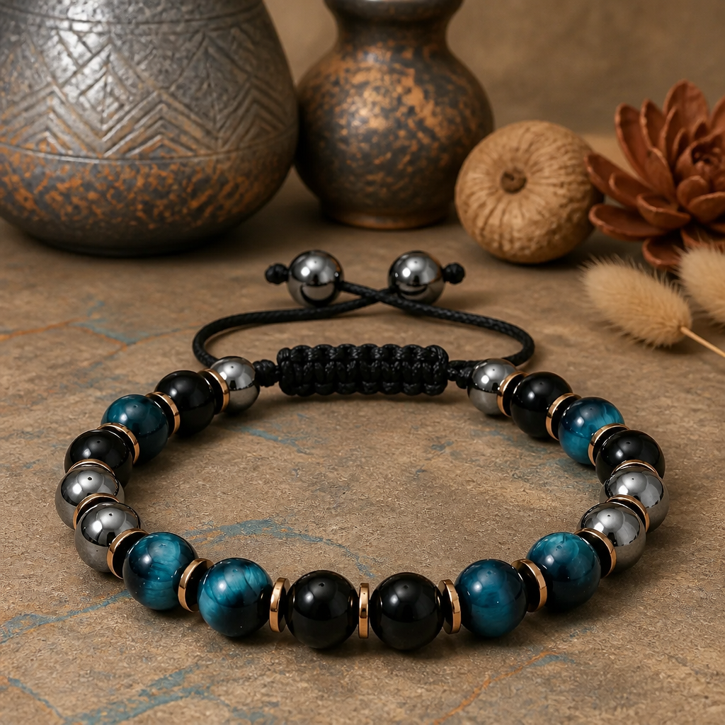 Triple Protection Bracelet, Blue Tigers Eye Hematite Onyx