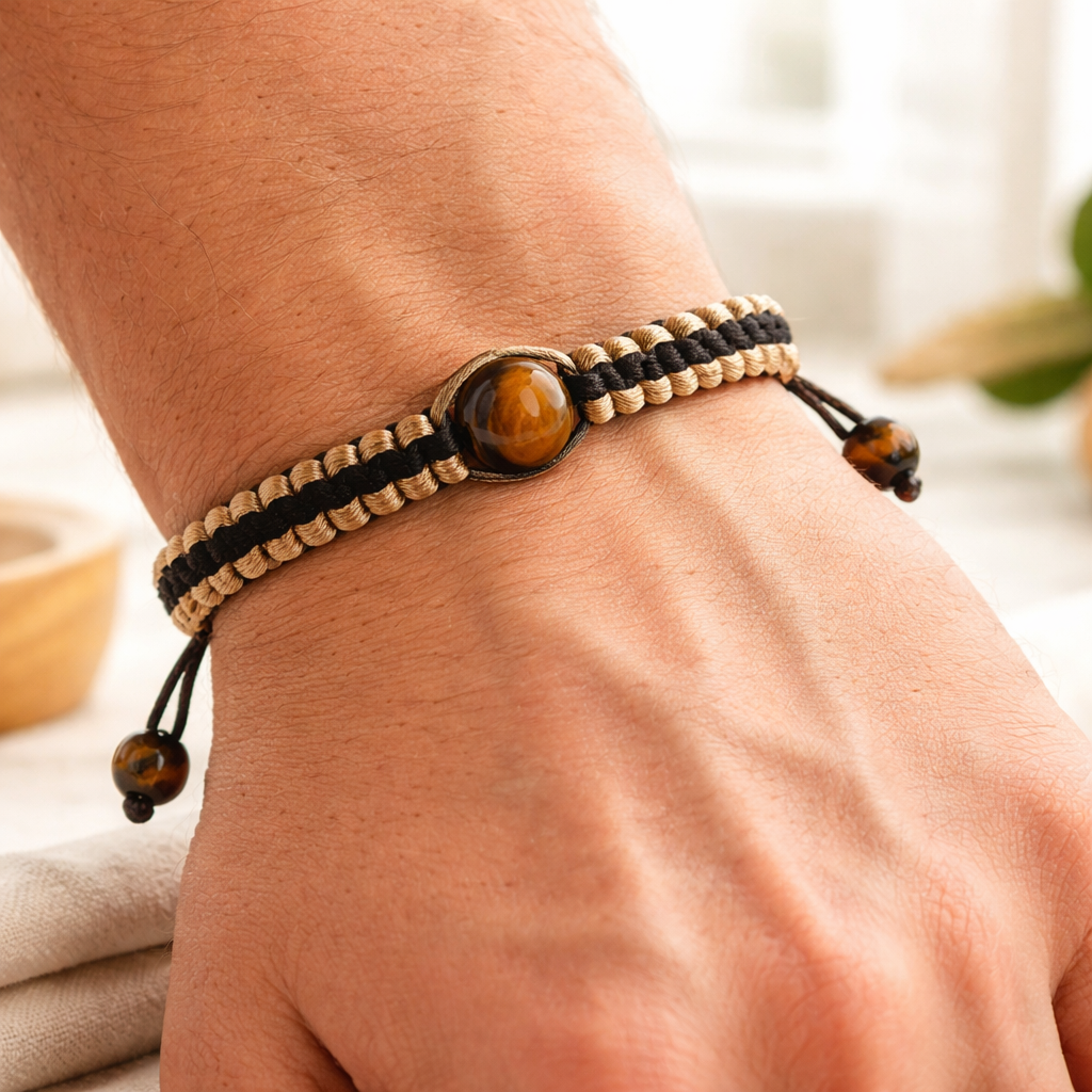 Tiger’s Eye Braided Bracelet, Adjustable Macrame Bracelet, Shamballa Style Bracelet