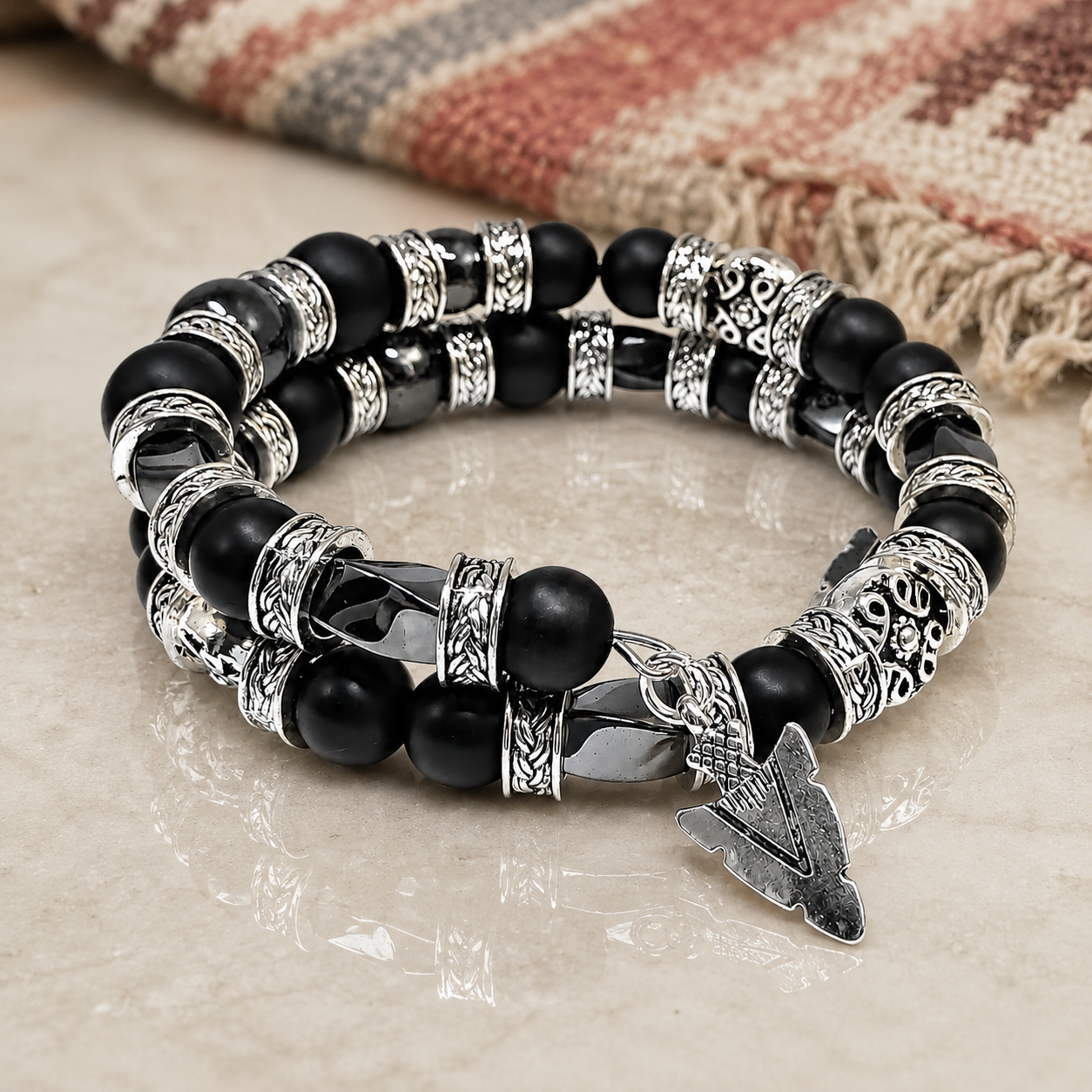 Black Onyx Bracelet, Beaded Jewelry for Men, Black & Silver, Arrowhead Bracelet