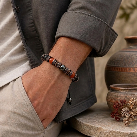 Adjustable Red Jasper Hematite Black Onyx Braided Bracelet