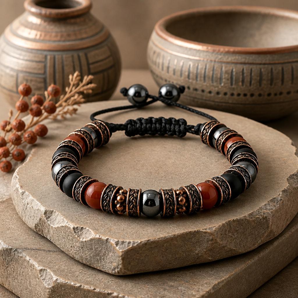 Adjustable Red Jasper Hematite Black Onyx Braided Bracelet